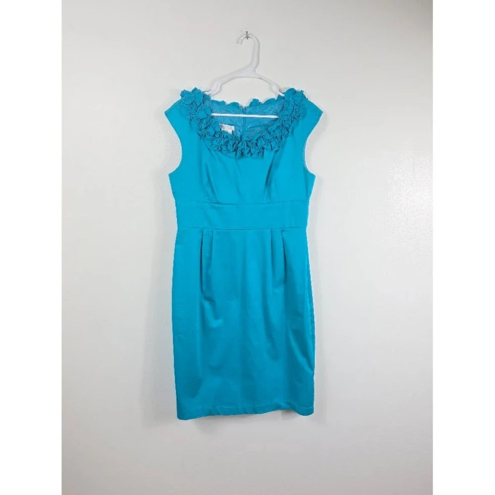 London Times Sheath‎ Dress Womens 12 Blue Ruffle Neck Sleeveless Cocktail Party